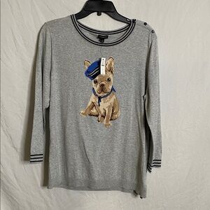 Talbots French Bulldog Sweater size large new nautical, gray, navy boat neck